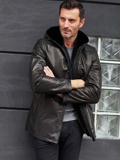 Men's Mink Fur Overcoat Oversize Winter Outwear Long Black Leather Jacket