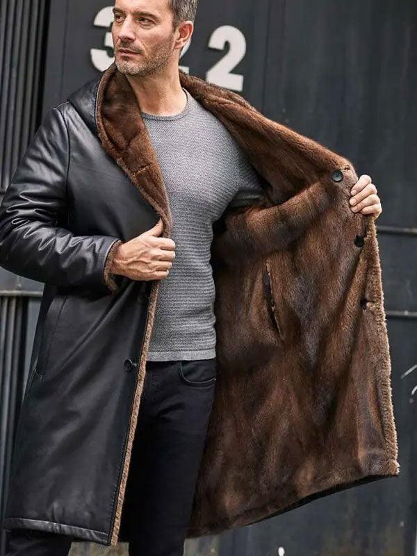 Men's Cowhide Shearling Fur Parkas Hooded Leather Coat
