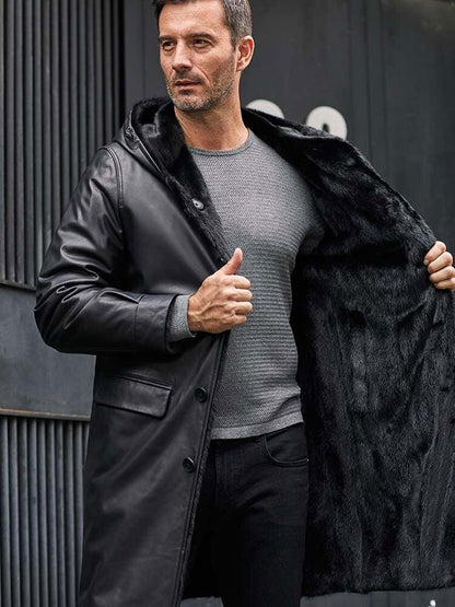 Men's Long Fur Parkas Mink Overcoat Black Leather Jacket