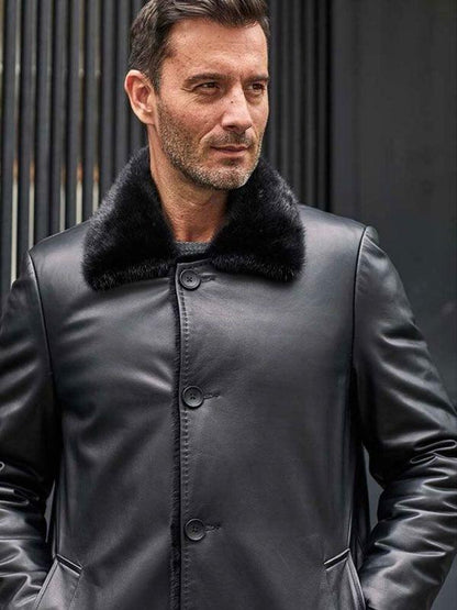 Men's Mink Fur Coat Long Fur Outwear Black Leather Overcoat