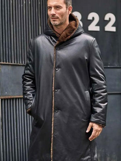 Men's Cowhide Shearling Fur Parkas Hooded Leather Coat