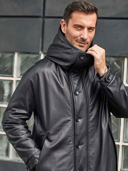 Men's Black Leather Down Jacket Long Winter Overcoat Warm Oversize Outwear