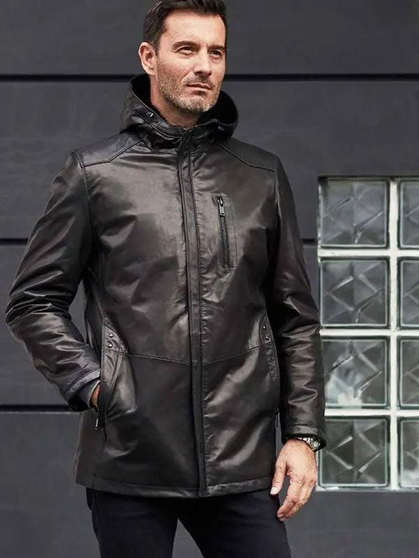 Men's Mink Fur Overcoat Oversize Winter Outwear Long Black Leather Jacket