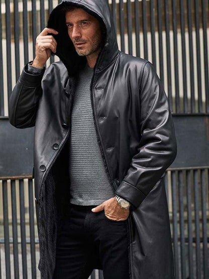 Men's Long Fur Parkas Mink Overcoat Black Leather Jacket