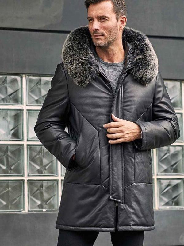 Men's Black Leather Down Jacket With Fox Fur Collar Hooded Winter Overcoat Long Warm Outwear