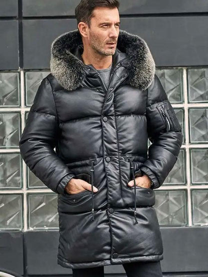 Men's Black Leather Down Jacket Long Winter Coat With Fox Fur Collar Hooded Warm Overcoat