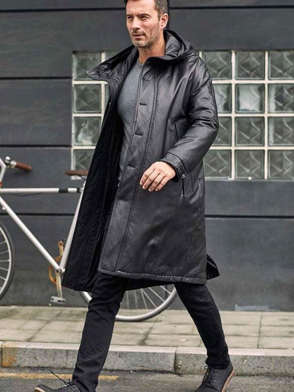 Men's Black Leather Down Jacket Long Winter Overcoat Warm Oversize Outwear