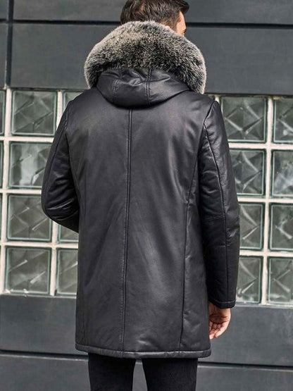 Men's Black Leather Down Jacket With Fox Fur Collar Hooded Winter Overcoat Long Warm Outwear