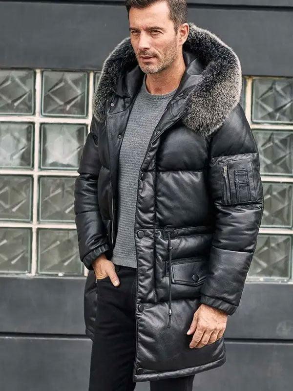 Men's Black Leather Down Jacket Long Winter Coat With Fox Fur Collar Hooded Warm Overcoat