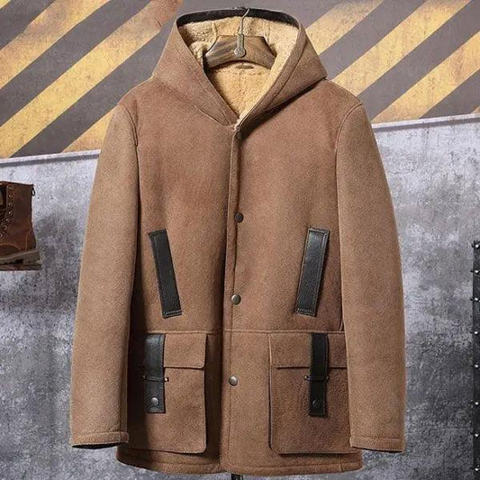 Men's Shearling Bomber Long Jacket Hooded Suede Leather Trench Coat