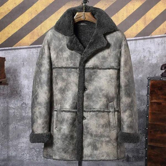Men's Shearling Bomber Hunting Leather Trench Coat