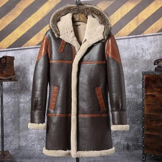 Men's Bomber Shearling Hooded Leather Jacket Trench Coat