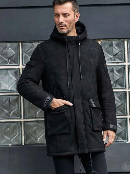 Men's Black Sheepskin Outwear Winter Fur Coat Leather Overcoat