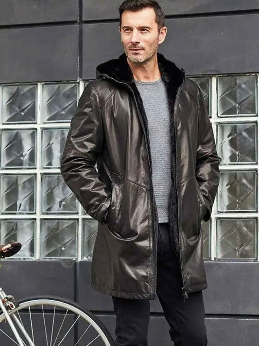 Men's Shearling Fur Hooded Leather Trench Coat Outerwear