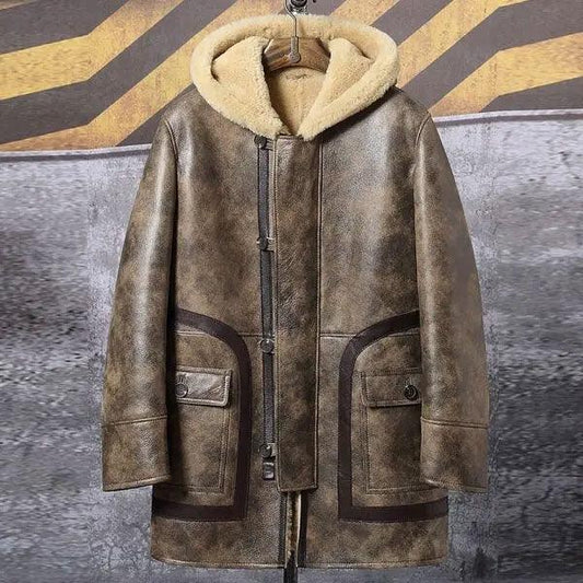 Men's Hooded Fur Coat Sheepskin Coat Long Leather Jacket Thick Men's Winter Coats