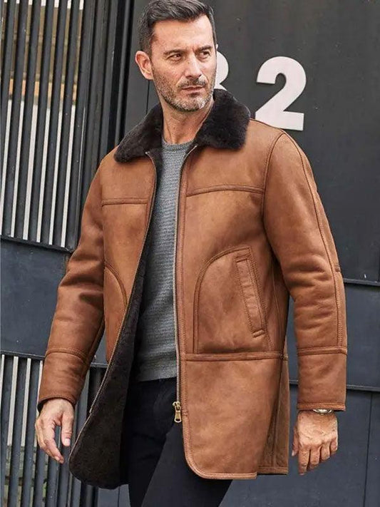 Men's Sheepskin Leather Jacket Winter Outwear Natural Hooded Fur Overcoat