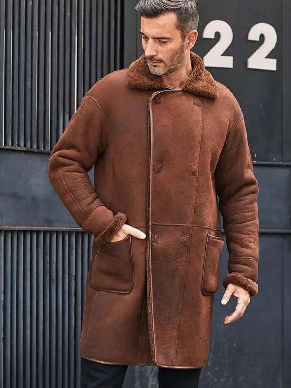 Men's Winter Brown Fur Leather Long Trench Overcoat Outwear