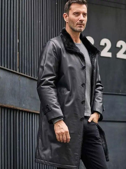 Men's Black Fur Leather Parkas Long Trench Coat