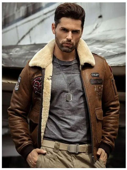 Men's B3 Flying Leather Coat Embroidered Bomber Shearling Jacket