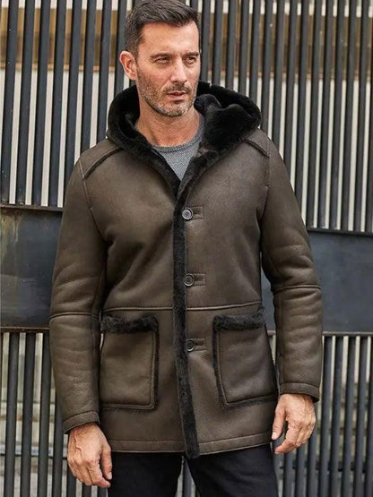 Men's Hooded Wool Parkas Fur Coat Green Leather Overcoat Warmest Winter Outwear