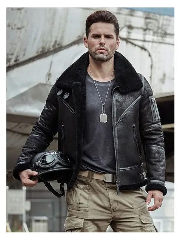 Men's Bomber Leather Jacket Aviator Winter Coat Fur