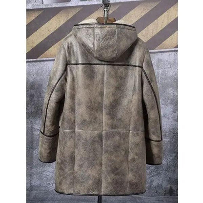 Men's Bomber Shearling Fur Hooded Winter Long Leather Jacket Trench Coat