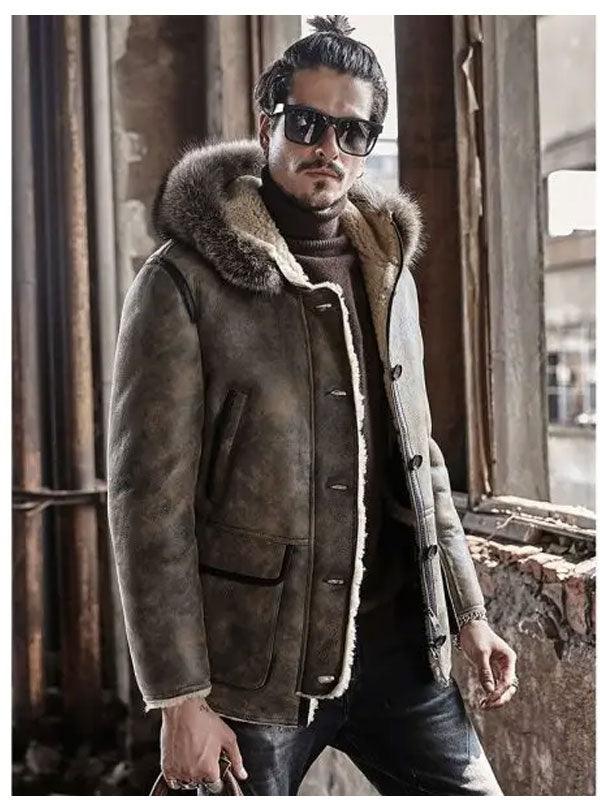 Men's Shearling Hooded Collar Leather Bomber Jacket