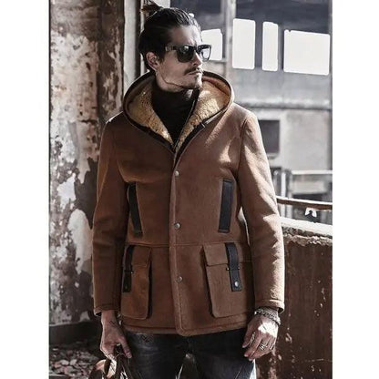 Men's Shearling Bomber Long Jacket Hooded Suede Leather Trench Coat