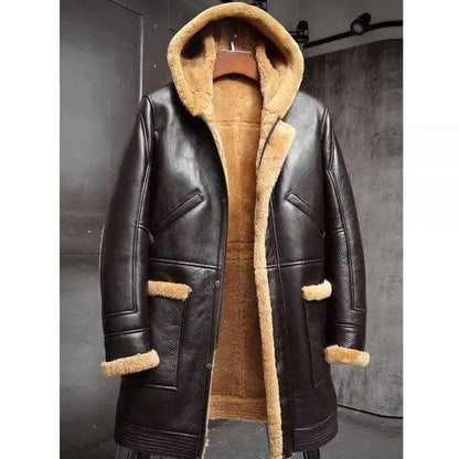 Men's Sheepskin Leather RAF Hooded Shearling Fur Long Jacket Winter Coats