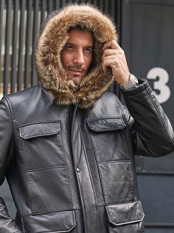 Men's Black Leather Parkas Mink Coat Long Winter Overcoat Fur Outwear
