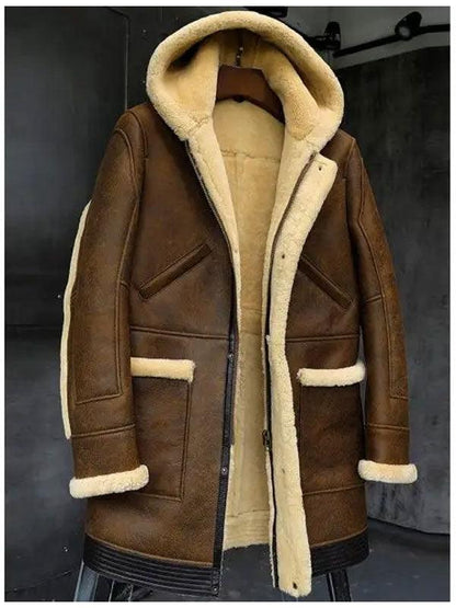 Men's Sheepskin Shearling Hooded Leather Jacket