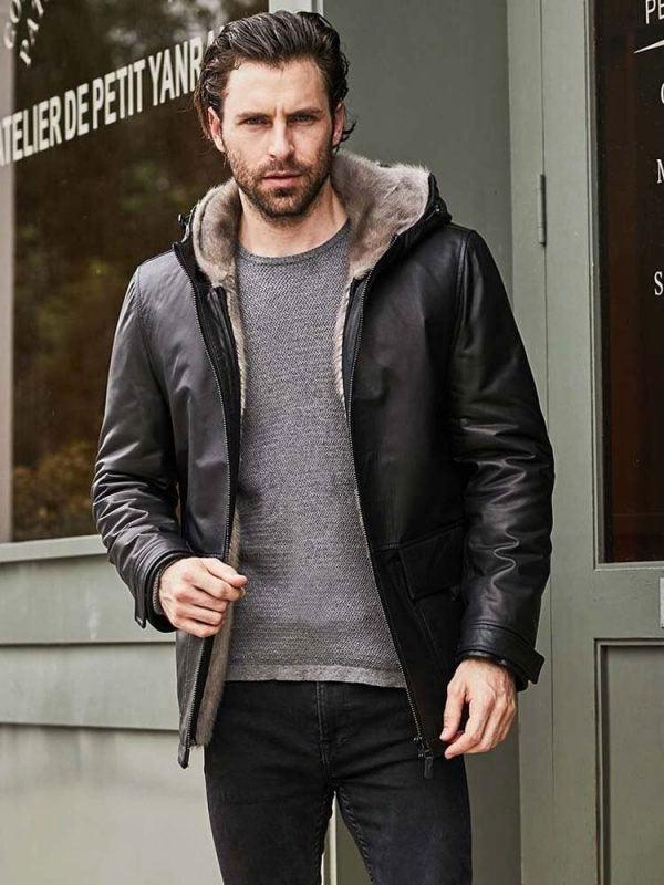 Men's Fur Overcoat Black Leather Jacket Hooded Winter Outerwear