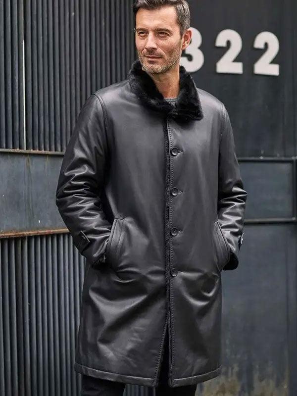 Men's Black Fur Leather Parkas Long Trench Coat