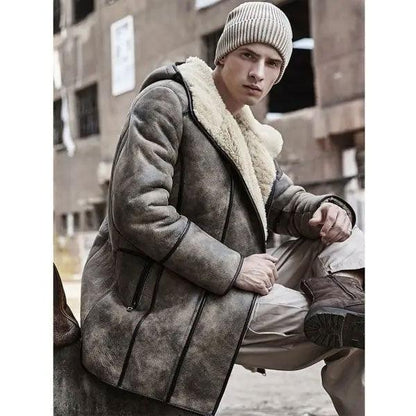 Men's Bomber Shearling Fur Hooded Winter Long Leather Jacket Trench Coat