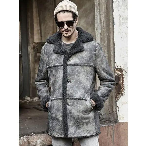 Men's Shearling Bomber Hunting Leather Trench Coat