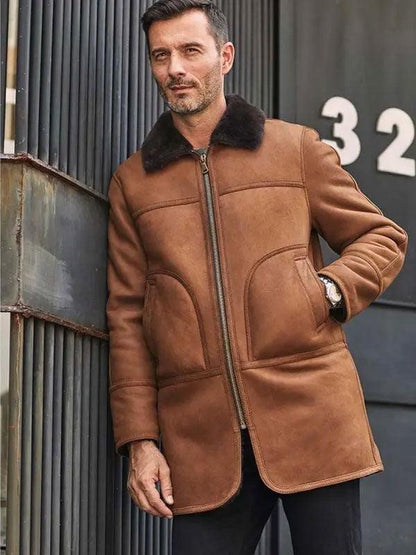 Men's Sheepskin Leather Jacket Winter Outwear Natural Hooded Fur Overcoat