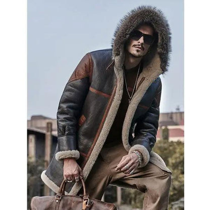 Men's Bomber Shearling Hooded Leather Jacket Trench Coat