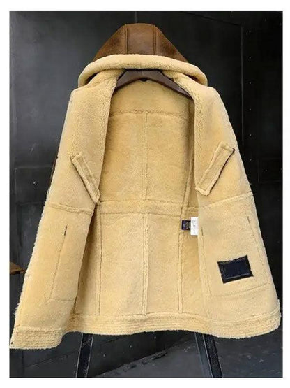 Men's Sheepskin Shearling Hooded Leather Jacket