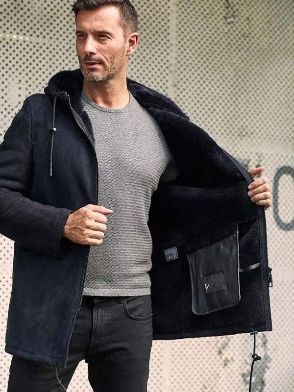 Men's Leather Jacket Long Winter Outwear Warm Wool Overcoat Hooded Sheepskin Parkas