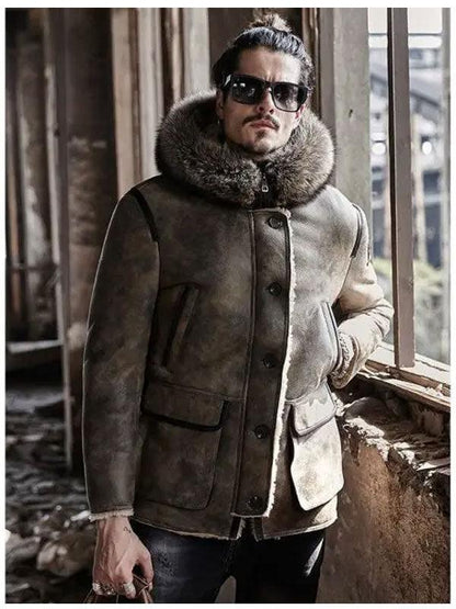 Men's Shearling Hooded Collar Leather Bomber Jacket