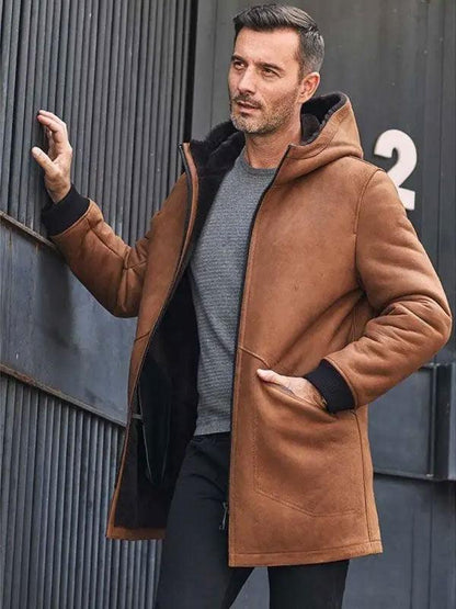 Men's Brown Sheepskin Shearling Fur Hooded Outwear Winter Overcoat Leather Jacket