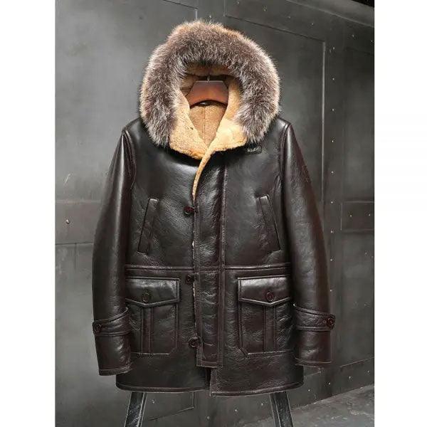 Men's Shearling Bomber Hooded Mink Fur Leather Long Jacket Coat