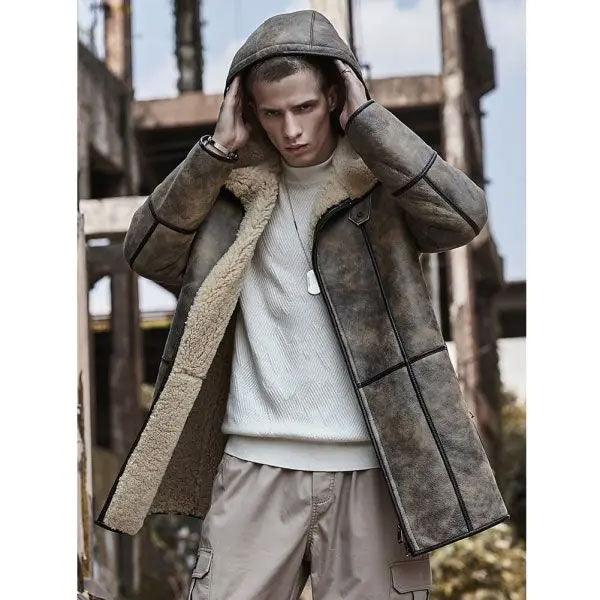 Men's Bomber Shearling Fur Hooded Winter Long Leather Jacket Trench Coat