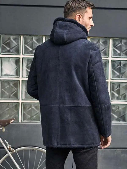 Men's Leather Jacket Long Winter Outwear Warm Wool Overcoat Hooded Sheepskin Parkas