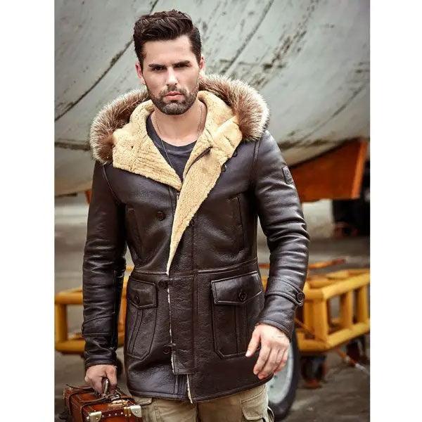 Men's Shearling Bomber Hooded Mink Fur Leather Long Jacket Coat