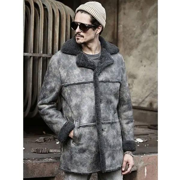 Men's Shearling Bomber Hunting Leather Trench Coat