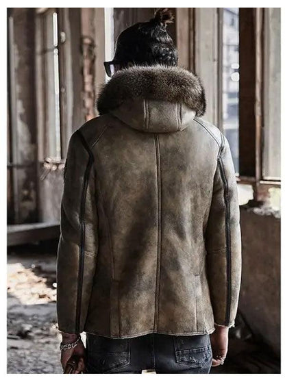 Men's Shearling Hooded Collar Leather Bomber Jacket