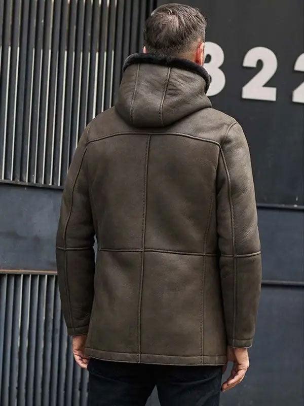 Men's Hooded Wool Parkas Fur Coat Green Leather Overcoat Warmest Winter Outwear