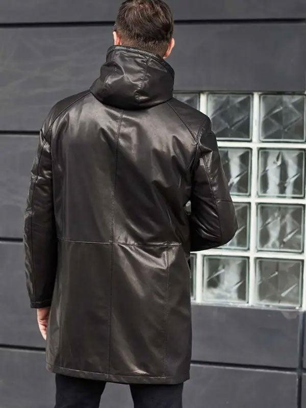 Men's Shearling Fur Hooded Leather Trench Coat Outerwear