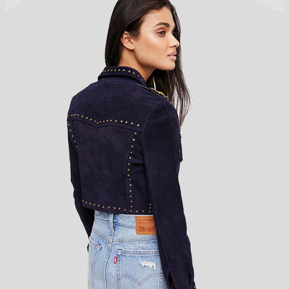 Eliza Blue Studded Suede Leather Jacket